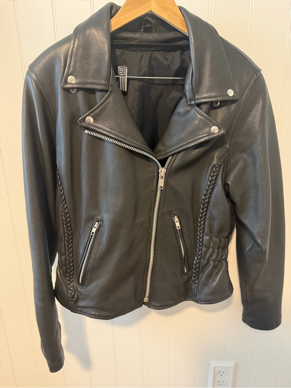 Classic Black Leather Moto Jacket with Braided Trim